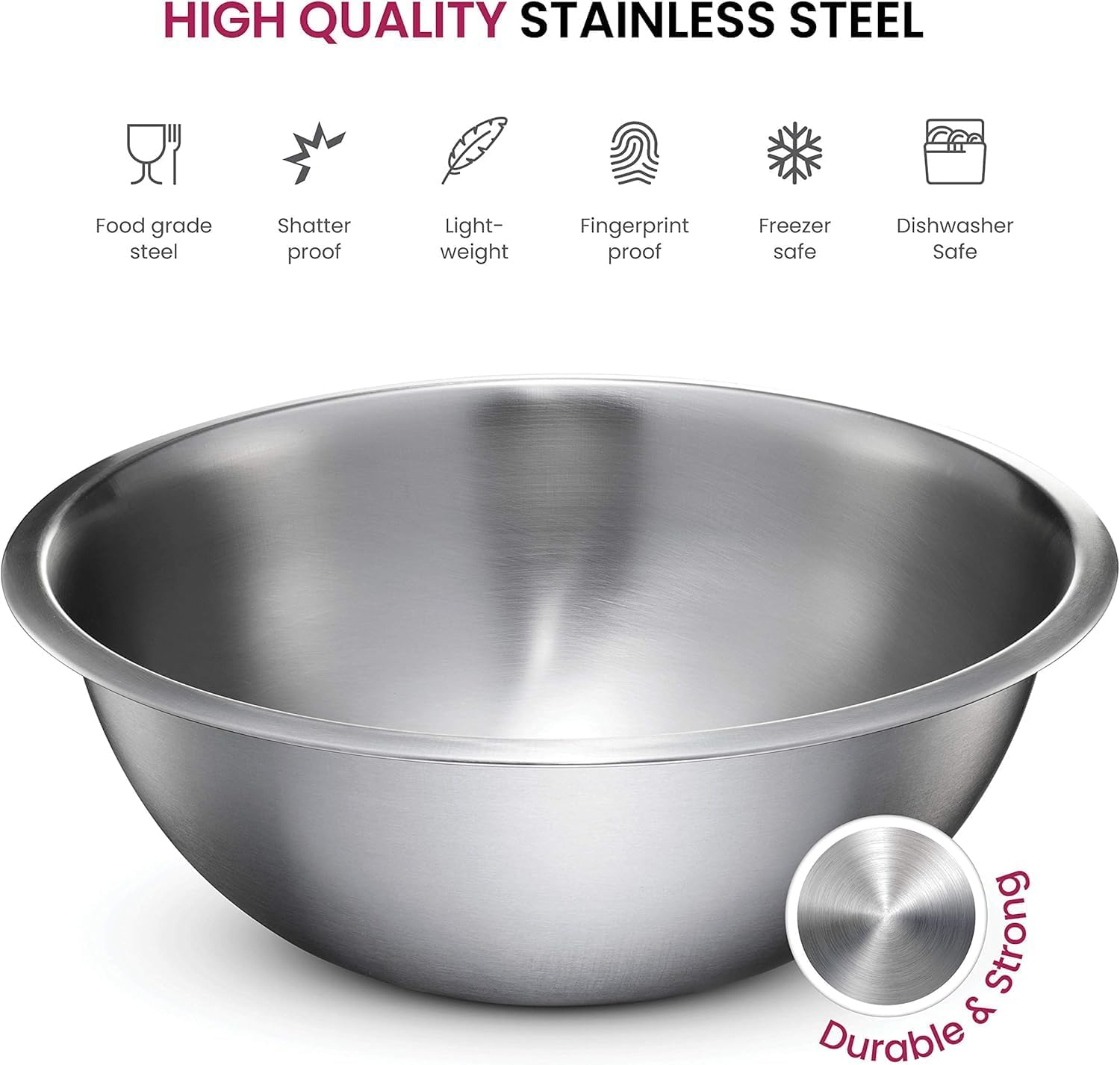 Stainless Steel Mixing Bowl Set, Nesting Bowls for Kitchen Baking, Cooking, Prepping, Kitchen Food Storage Organizers, No Lids (5 Pack)