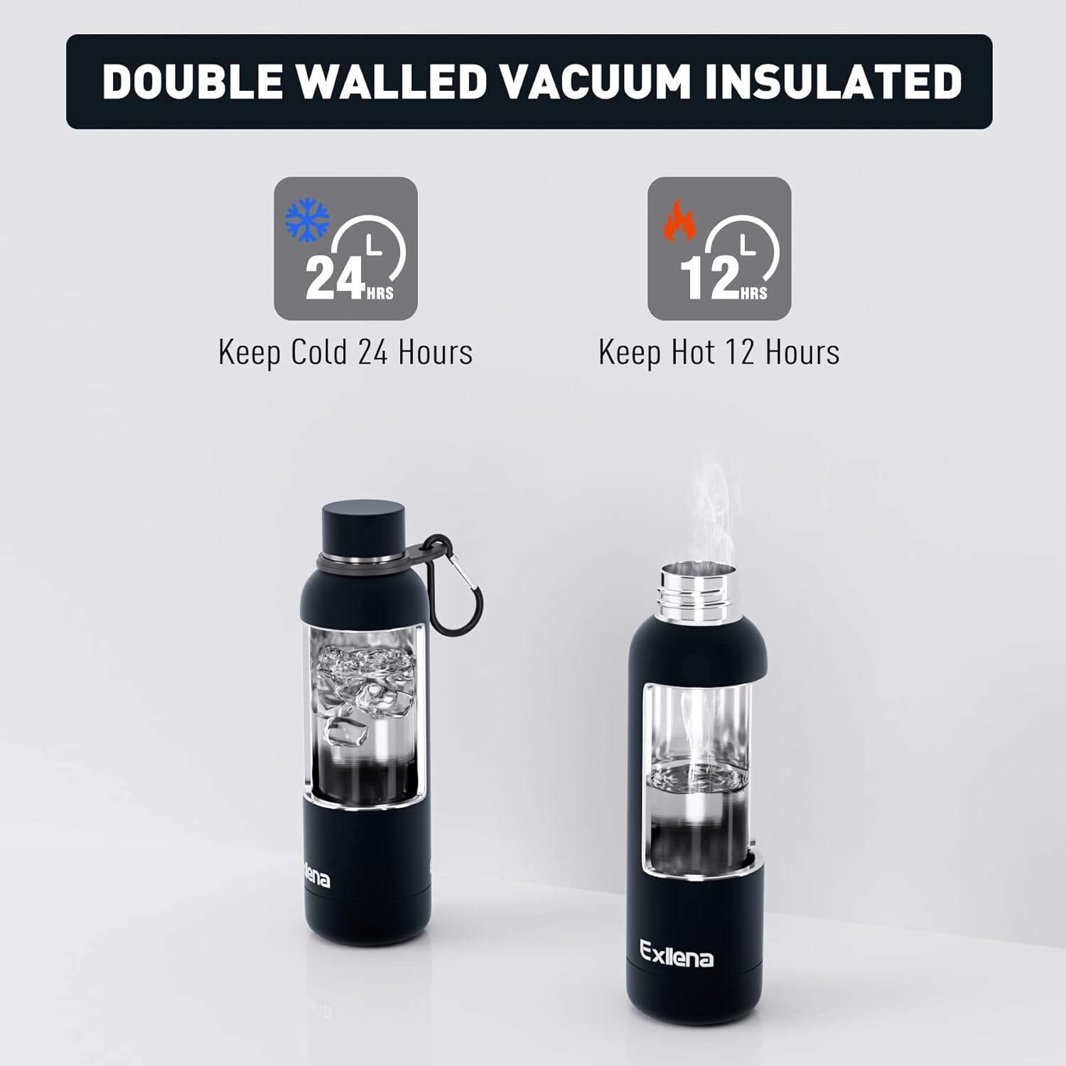Slim Insulated Water Bottles for Travel 18oz with Clip, Double Wall Vacuum Stainless Steel Water Bottle Keeps Drinks Cold 24 Hrs/Hot 12 Hrs, 100% Leakproof, BPA Free(Black)