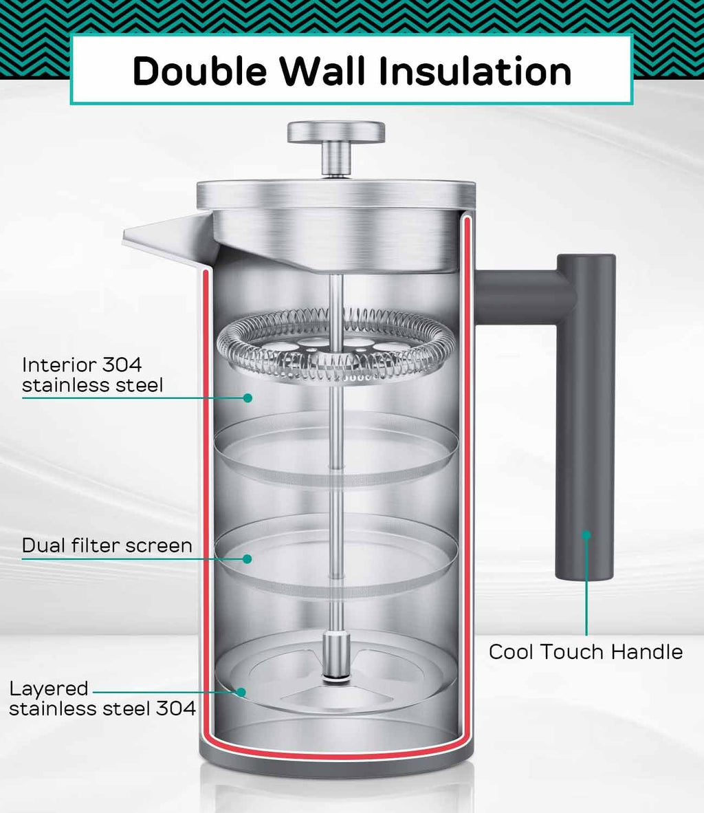 Coffee Gator French Press Coffee Maker - 34oz Double Insulated Stainless Steel Brewer plus Travel Jar Canister, Portable Hot Cold Brew Teapot Cafetera for Coffee Bar Accessories Kitchen Camping, Gray