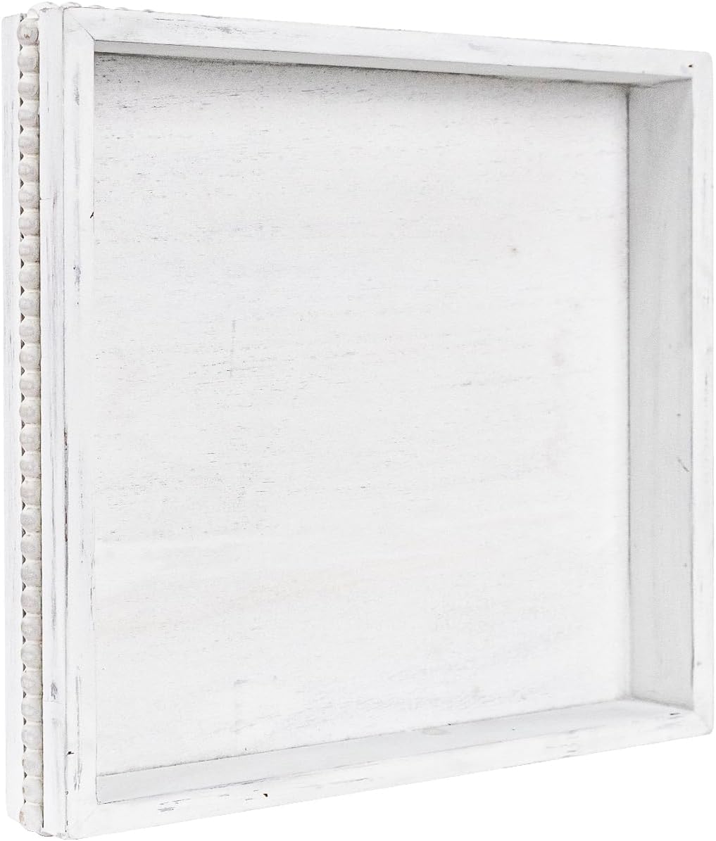 MAONAME Wood Serving Tray, Farmhouse Wooden Tray for Coffee Table, Rustic Square Trays with Beads, Vintage White Decorative Trays for Living Room, Kitchen, 12" X 12" X 1.6"