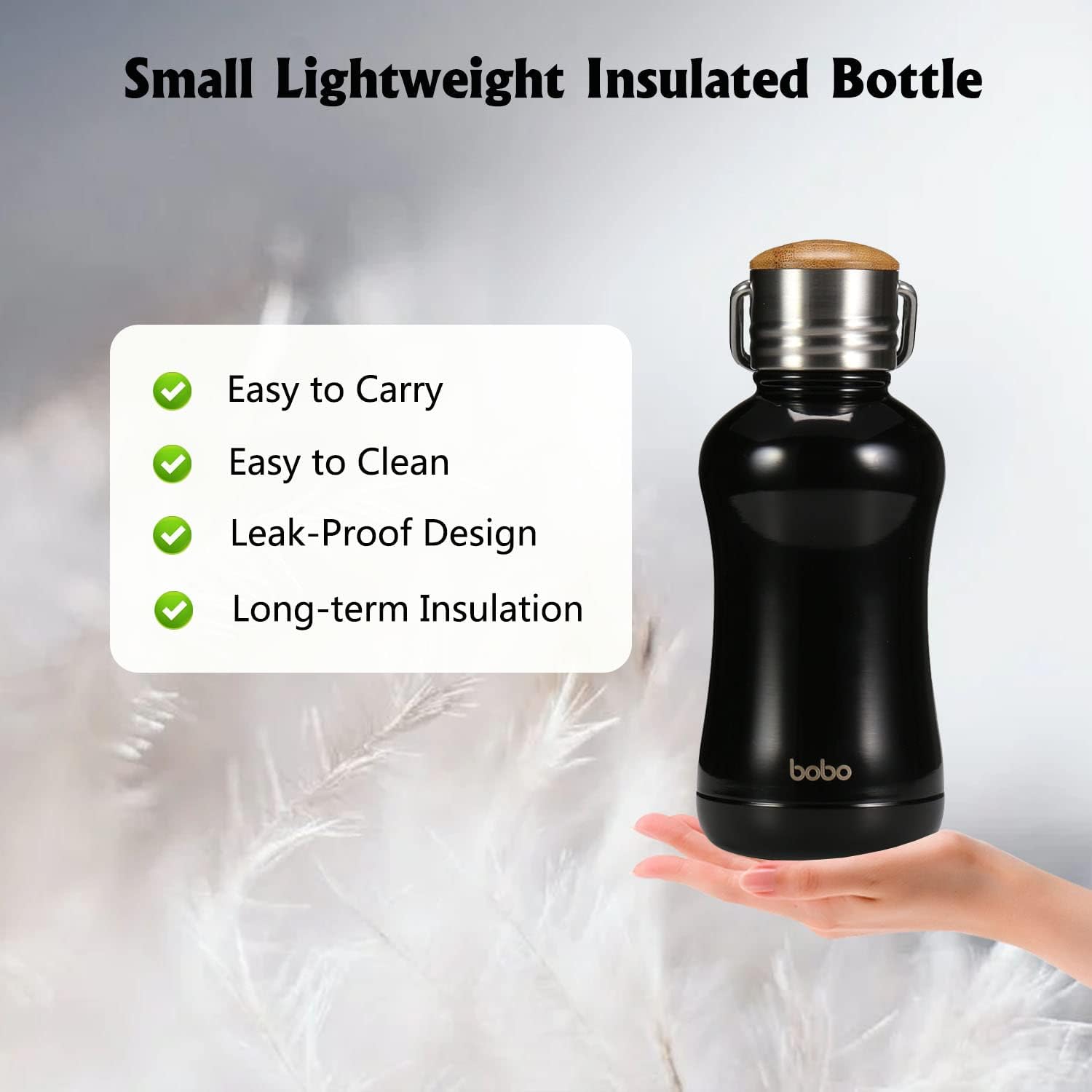 YOHKOH Mini Insulated Water Bottle With Bamboo Lid - 8.8oz Small Vacuum Insulated Water Bottle for Women Kids, 12 Hrs Hot & 24 Hrs Cold Stainless Steel Thermos Leak-Proof BPA-Free (8.8oz,Black)