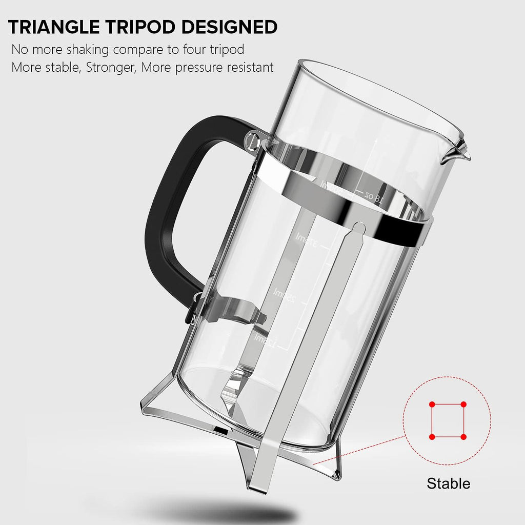 QUQIYSO French Press Coffee Maker 304 Stainless Steel French Press with 4 Filter, Heat Resistant Durable, Easy to Clean, Borosilicate Glass Coffee Press, 100% BPA Free Glass Teapot, 21 ounce, Silver