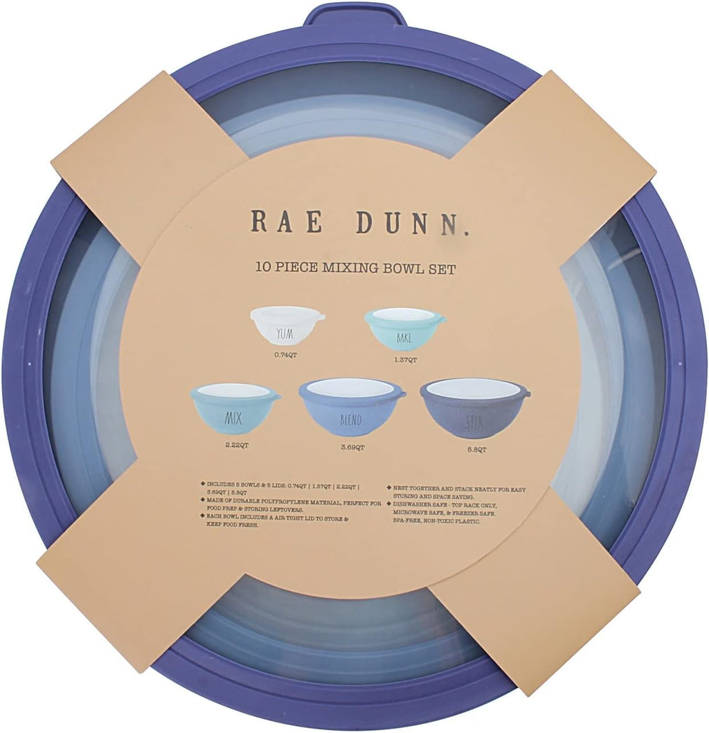 Rae Dunn Mixing Bowls with Lids - 10 Piece Plastic Nesting Bowls Set includes 5 Prep Bowls and 5 Lids (Blue Ombre)