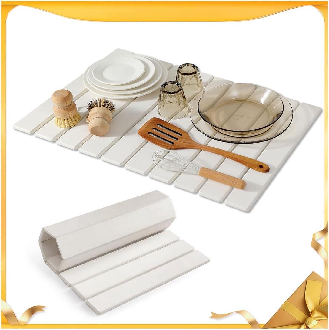 Stone Drying Mat for Kitchen Counter, 24"×16" Collapsible Diatomaceous Earth Dish Drying Mats, Fast Absorbent, Large Quick-drying Draining Mat for Dishes Cookware Cups Bathroom Any Countertop