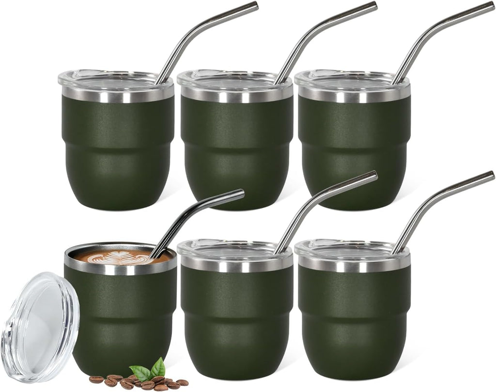 4oz Stackable Cup, Vacuum Insulated Espresso Cup Set of 6, Espresso Shot Cup for Coffee, Double Wall Stainless Steel Mini Tumbler Shot Glasses with Straw and Lid (A-green6P, 4oz)