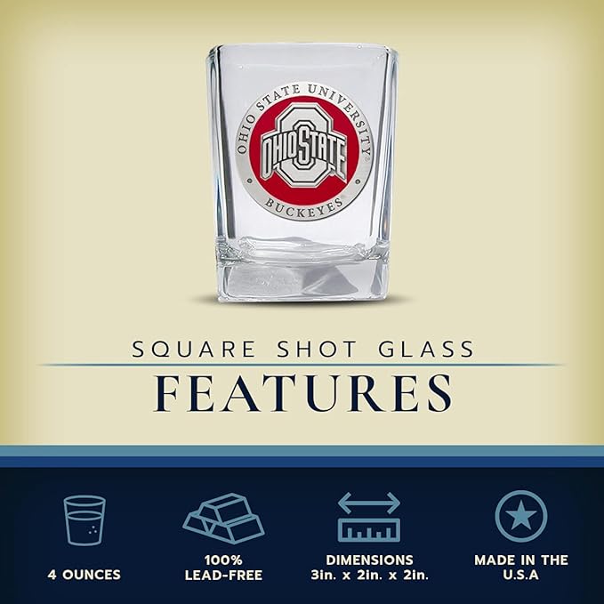 Heritage Pewter Ohio State Square Shot Glass | Hand-Sculpted 1.5 Ounce Shot Glass | Intricately Crafted Metal Pewter Alma Mater Inlay