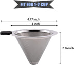 Small Size Pour Over Coffee Filter Dripper, Stainless Steel Metal Cone Drip Coffee Filter, Paperless and Permanently Reusable, Double Mesh Coffee,Tea Filter for 1-2 Cups