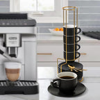 Lareina Porcelain 3-Ounce Espresso Cups Set of 6, Small Stackable Coffee Cups with Saucers, Spoons and Metal Stand - Ceramic Demitasse Mugs, Double Shots Expresso Cup, Matte Black