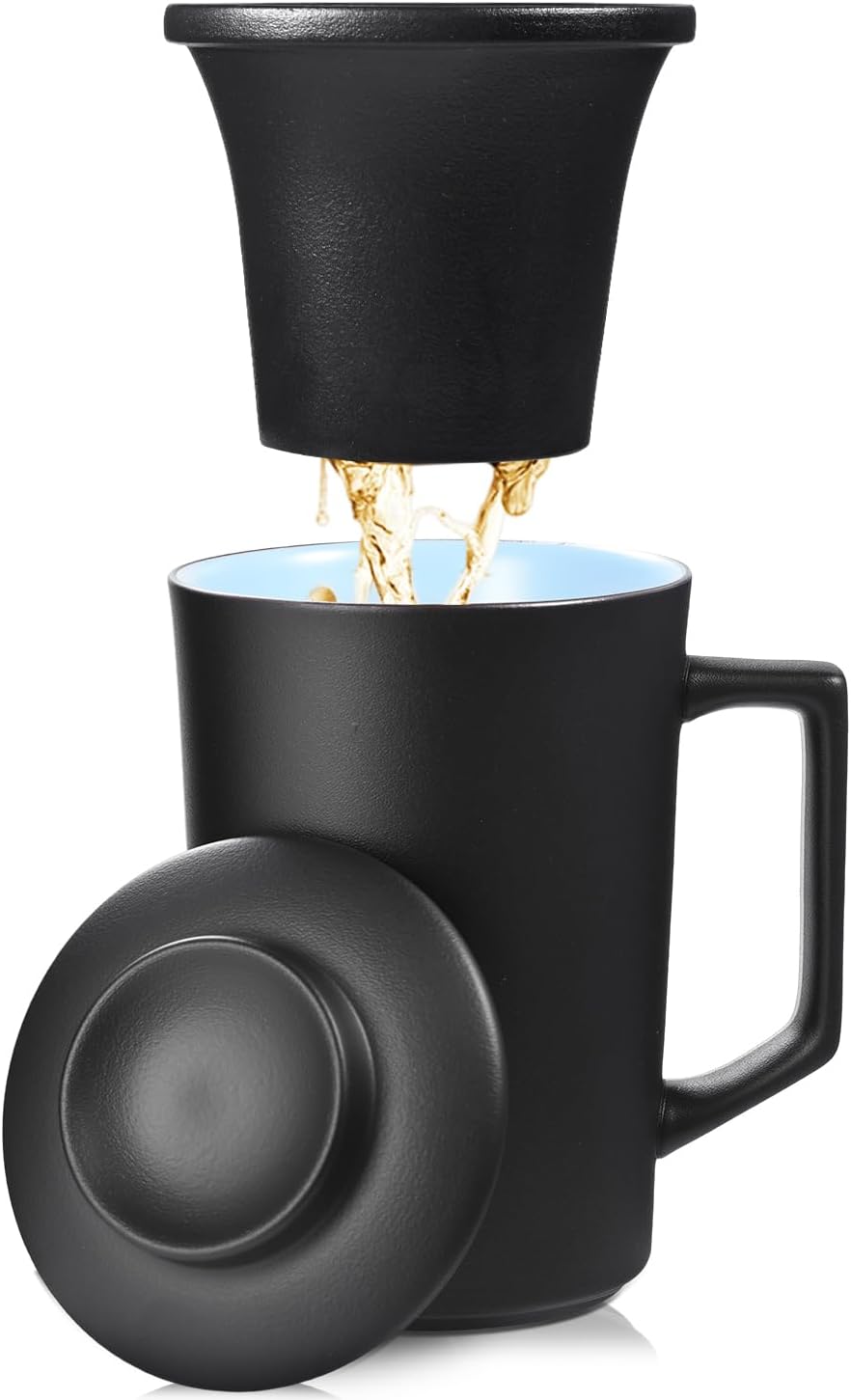 15 OZ Porcelain Tea Infuser Cup with Lid,Ceramic Tea Mug with All-Porcelain Strainers for Loose Leaf Teas,Microwave and Dishwasher Safe Coffee Mug,Metal-Free,BPA-Free,Gifts for Tea-Lover (Black)