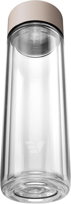 Glass Multi Tea Infuser Bottle 14oz - Double Wall Borosilicate Glass Flask | No Plastic Touches Contents | Perfect for Office or Home - Beige