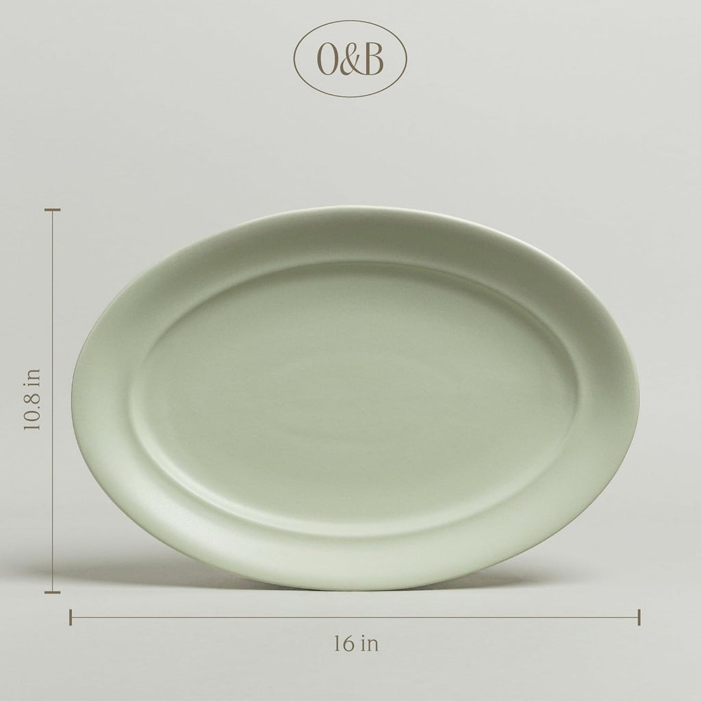 over&back Rim Stoneware Serving Platter - Elegant 1-Piece Oval Serving Platter to Complete Your Kitchen Set - 16" L x 10.8" W Semi-Matte Sage