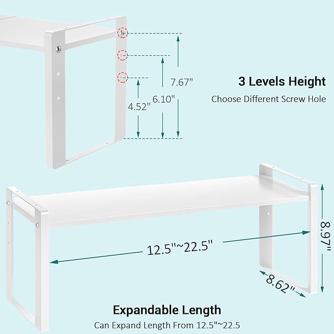 2 Pack Expandable Cabinet Organizer Shelves, 88lbs High Weight Capacity, Stackable Heavy-Duty Metal Storage Rack, Adjustable Cabinet Shelf for Kitchen, Pantry, Cupboard, Under Sink, White