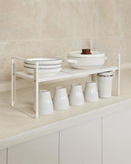 Nxconsu 2Pack Cabinet Shelf Organizer Expandable 5 Heights Adjustable Stackable Rack Riser for Kitchen Pantry Cupboard Under Sink Organization Storage Space Saver Heavy Duty Metal White