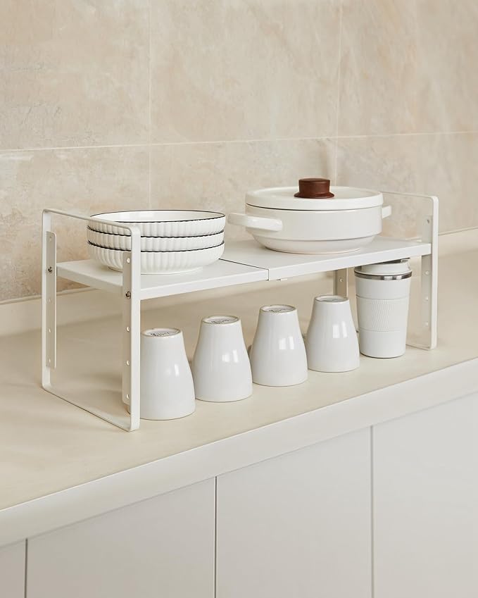 Nxconsu 2Pack Cabinet Shelf Organizer Expandable 5 Heights Adjustable Stackable Rack Riser for Kitchen Pantry Cupboard Under Sink Organization Storage Space Saver Heavy Duty Metal White