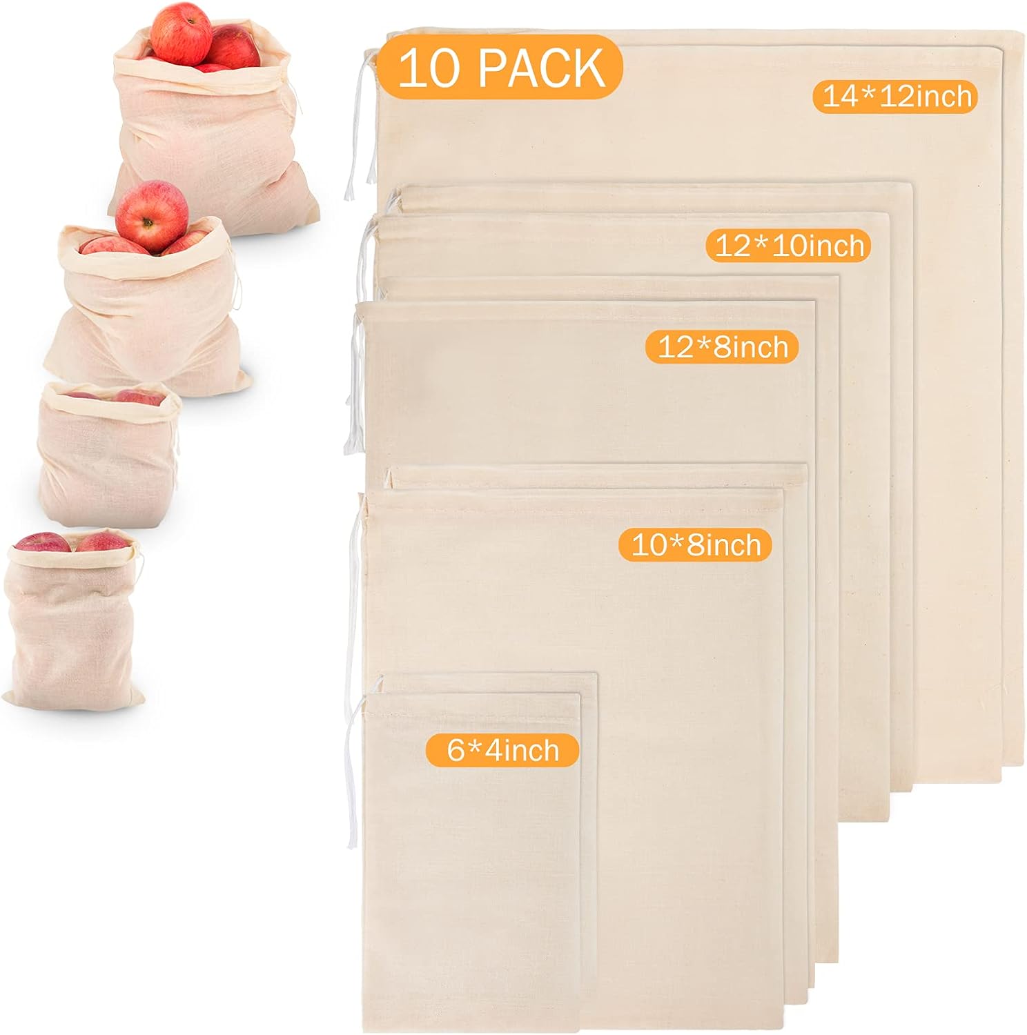 10 Pack Nut Milk Bag, Multi-size Fine Mesh Grade Reusable Cheesecloth Bags Strainers, Unbleached Organic Cotton Filter Bags for Almond Milk, Juices, ColdBrew, Cheese, Tea, Yogurt, Coffee