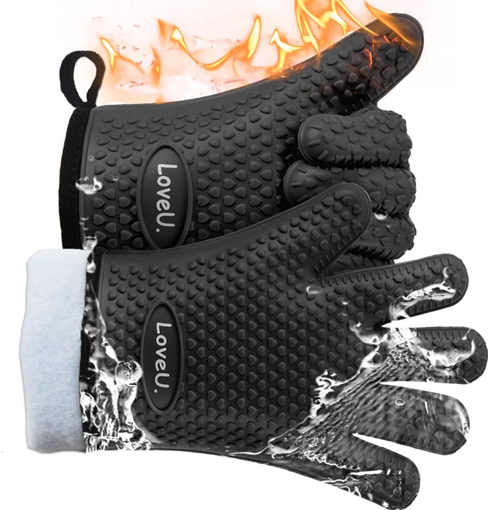 Kitchen Oven Gloves - Dual-Layer Heat Resistant Grilling Gloves, Silicone Oven Mitts with 5 Fingers, Waterproof Non-Slip Pot Holder for Barbecue, Cooking, Baking (XL-XXXL, Black)