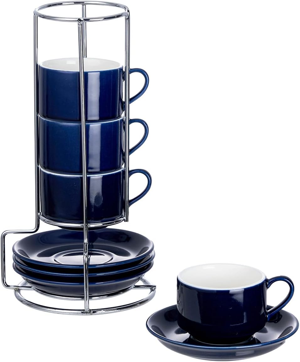 2.5 Ounce Porcelain Espresso Cups with Saucers and Silver Stand, Navy Stackable Cups Set of 4