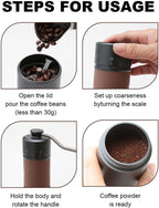 Manual coffee grinder, portable stainless steel cone grinder with solid wood knob, adjustable handle, suitable for home office travel, camping or hiking, black