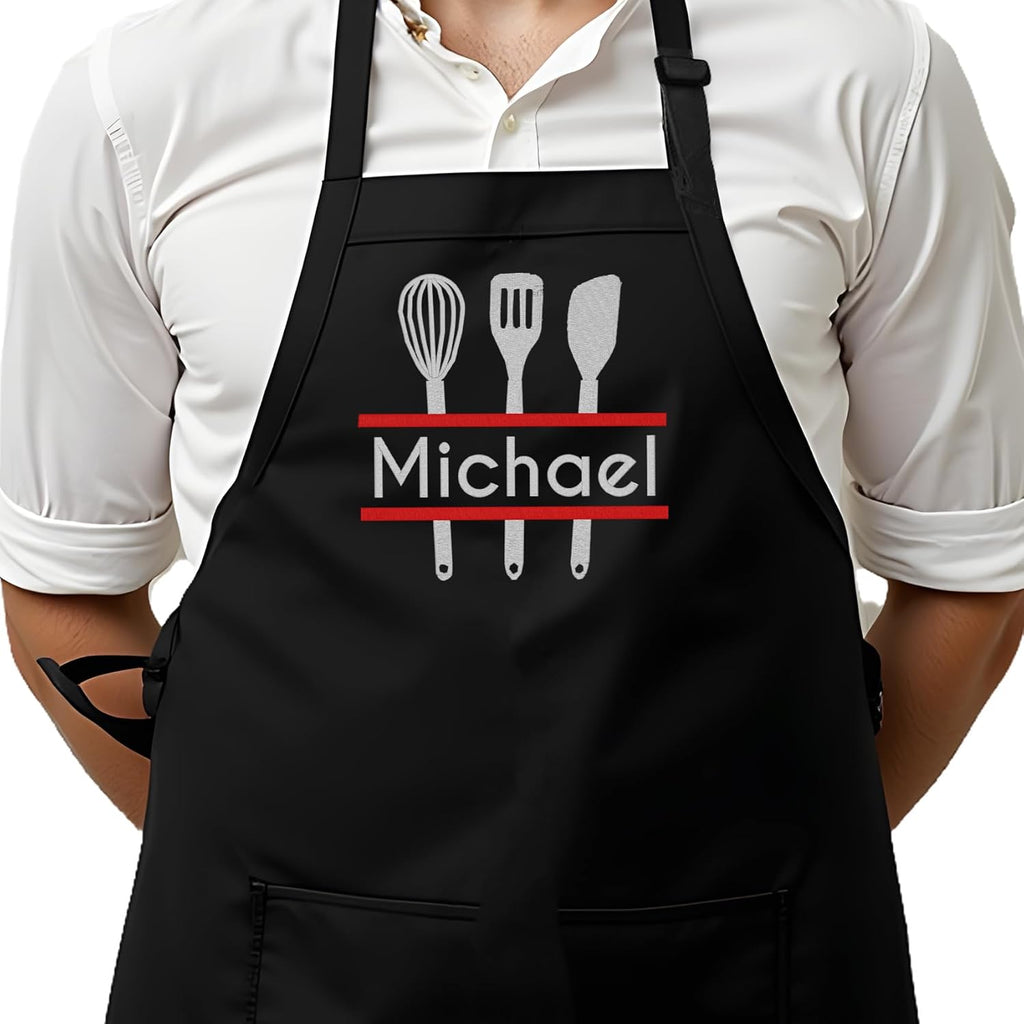Personalized Chef Apron for Men, Custom Embroidered Design, Professional Kitchen Cooking BBQ Grilling for Dad, Decorated in USA