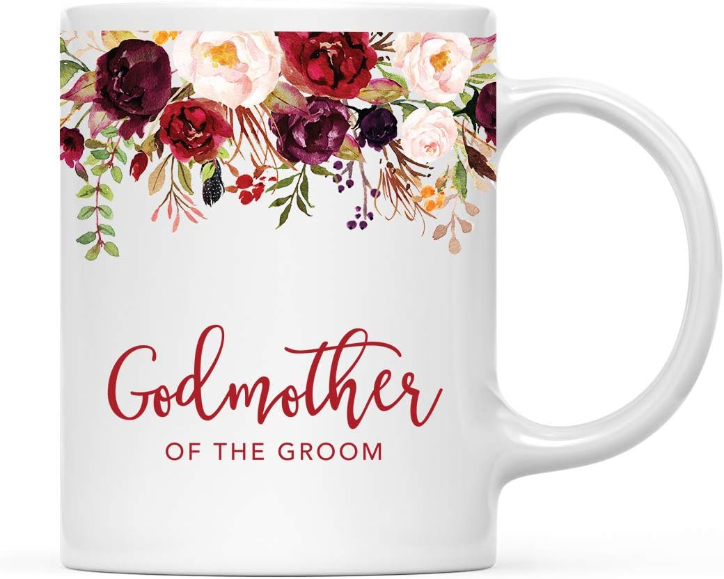 Andaz Press 11oz. Wedding Ceramic Coffee Tea Mug Gift, Fall Autumn Marsala Burgundy Flowers Roses Florals, Godmother of the Groom, 1-Pack, Includes Gift Box