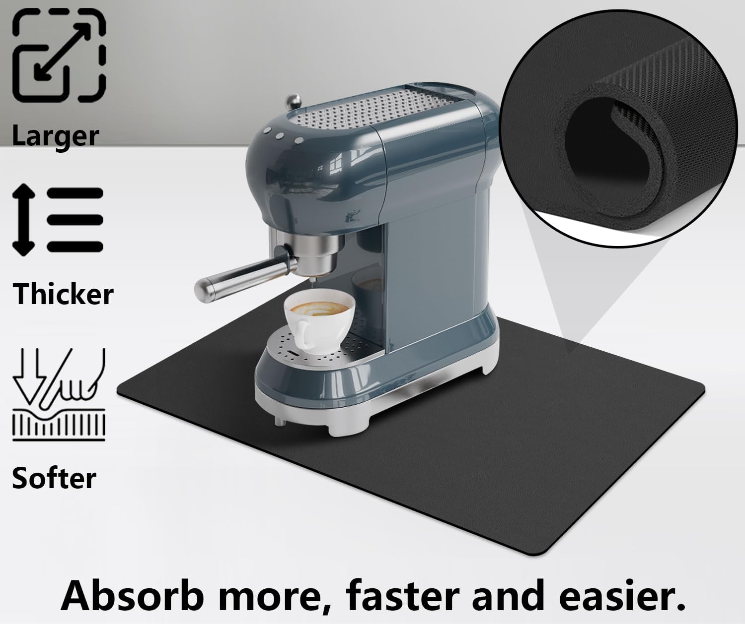 Coffee Maker Mat for Countertops - Dish Drying Mat, Large Coffee Machine Pads,Absorbent, Washable,Reversible Microfiber Rubber Mat for Kitchen Accessories, Under Small Appliance Mats 19x13in(Black)