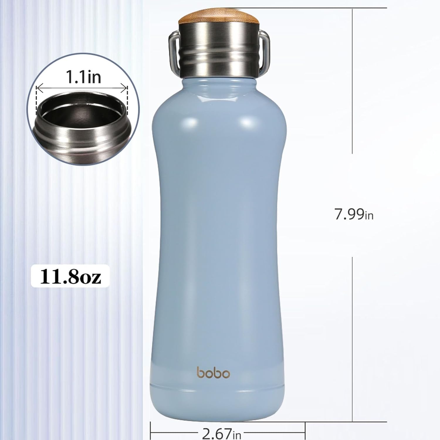 YOHKOH Mini Vacuum Insulated Water Bottle With Bamboo Lid - Stainless Steel Thermos Water Bottle for Women Girls Kids, Metal Sports Hot and Cold Water Bottle Leak-Proof BPA-Free (11.8oz,Blue)