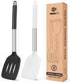 Pack of 2 Silicone Solid Turner, Non Stick Slotted Kitchen Spatulas, High Heat Resistant BPA Free Cooking Utensils, Ideal Cookware for Fish, Eggs, Pancakes(Black-White)
