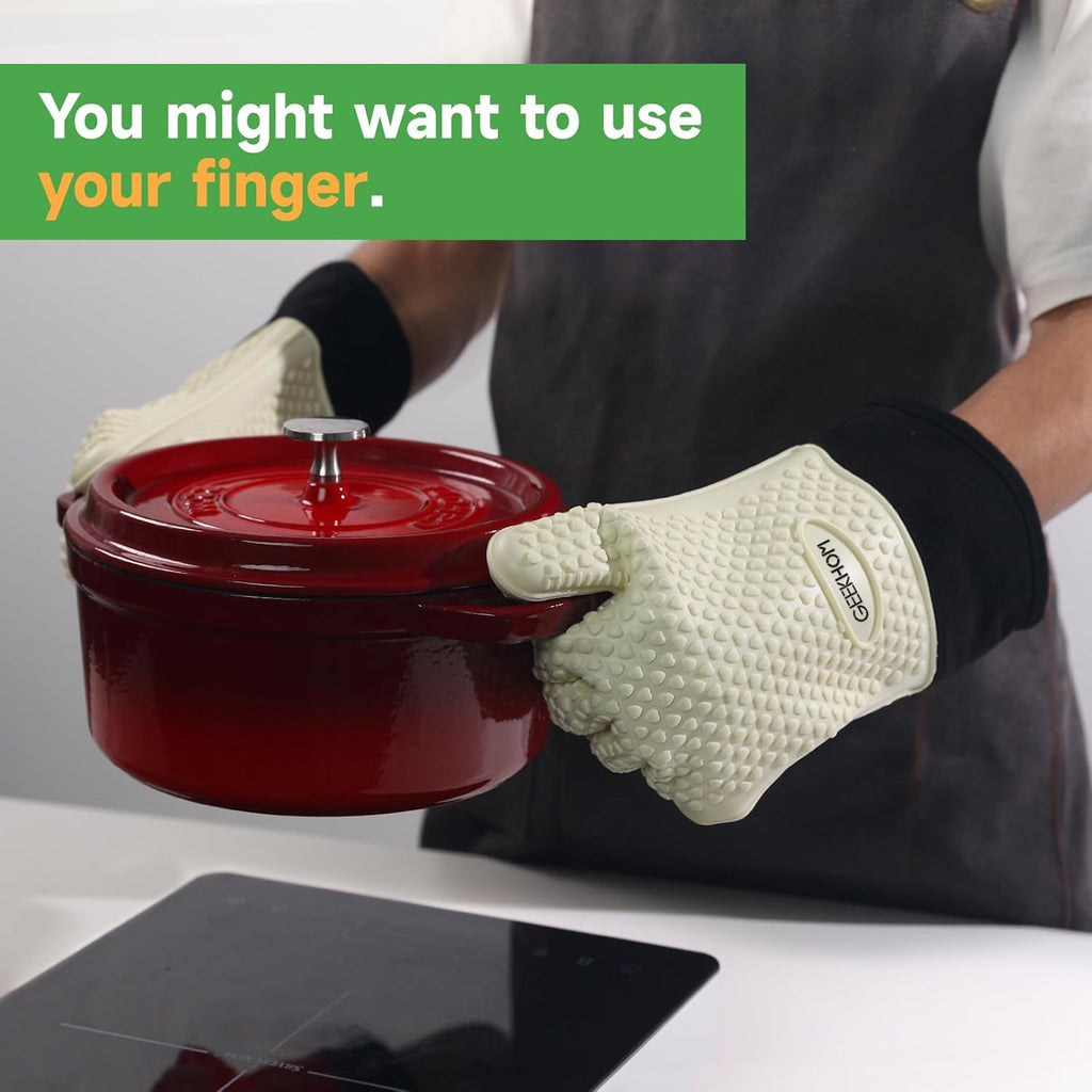 GEEKHOM BBQ Gloves Heat Resistant Oven Mitts - Silicone Grilling Gloves with 14" Long Arm Protection - Waterproof Pot Holder Non-Slip for Men & Women, Kitchen Cooking, Baking, Camping, Beige