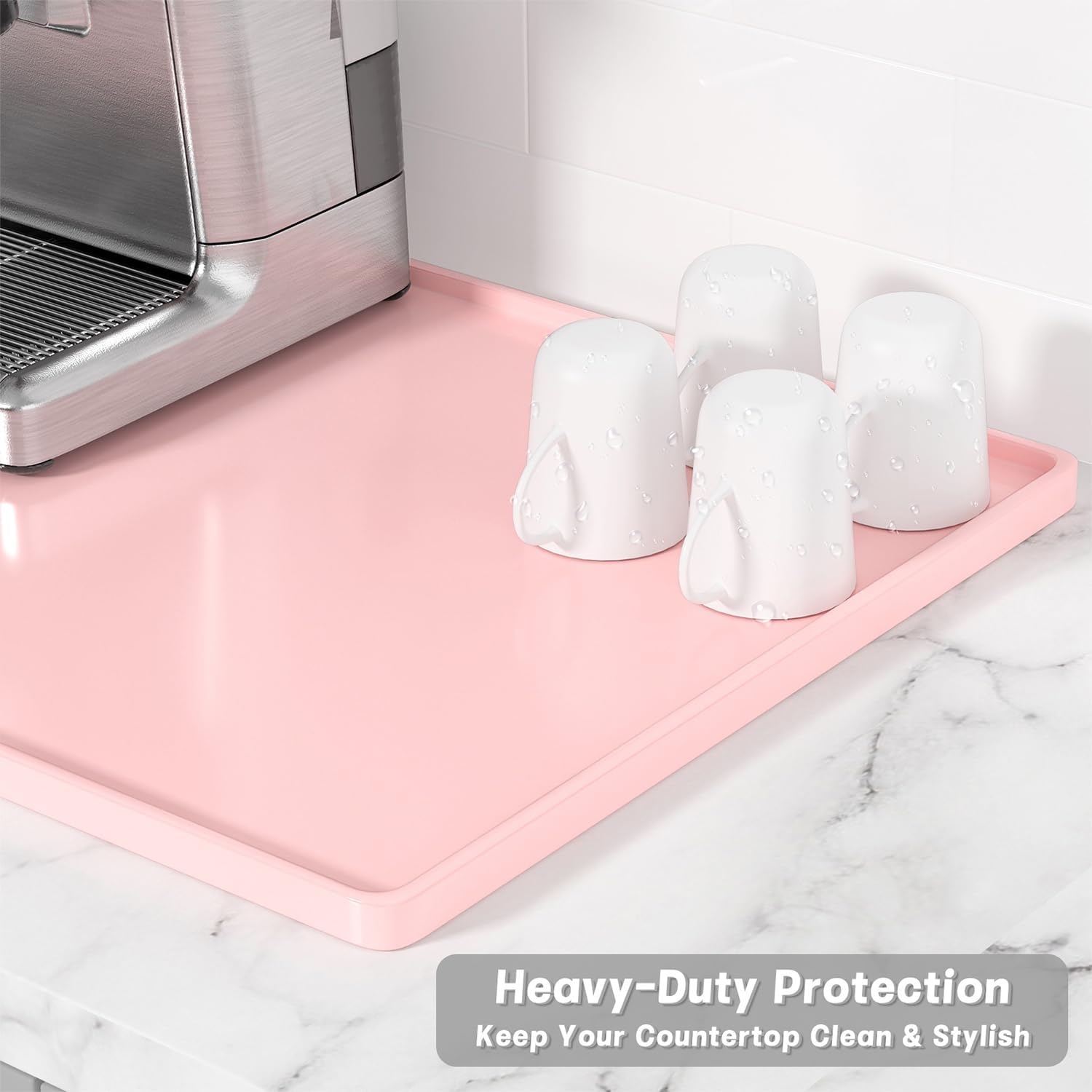 Rnivvi Silicone Coffee Mat, 16" x 24" Waterproof Raised Edge Coffee Bar Mats for Espresso Machine Station Accessories, Heat Resistant Dish Drying Pad for Kitchen Counter, Rubber Bar Decor Pad, Pink