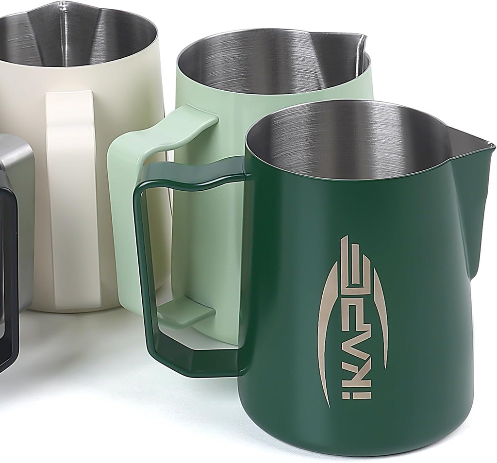 IKAPE Espresso Milk Pitcher, Espresso Steaming Pitcher with Sharp Spout for Espresso Barista Tool, 20.3 oz / 600ml Milk Frothing Jug (Green)