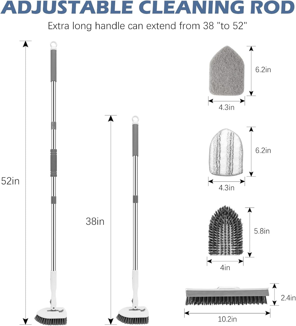 SetSail 4-in-1 Tile Tub Floor Scrubber with 52-inch Long Adjustable Handle Shower Cleaner Brush with V-Shaped Grout Brush and 3 Replacement Brush Heads for Bathroom Kitchen Sink Walls Tub Tile, White