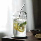 2 Pcs Drinking Glasses with Glass Lids and Glass Straw 16oz Glassware Set,Iced Coffee Glasses,Ideal for Water,Soda,Tea,Gift - with Cleaning Brushe