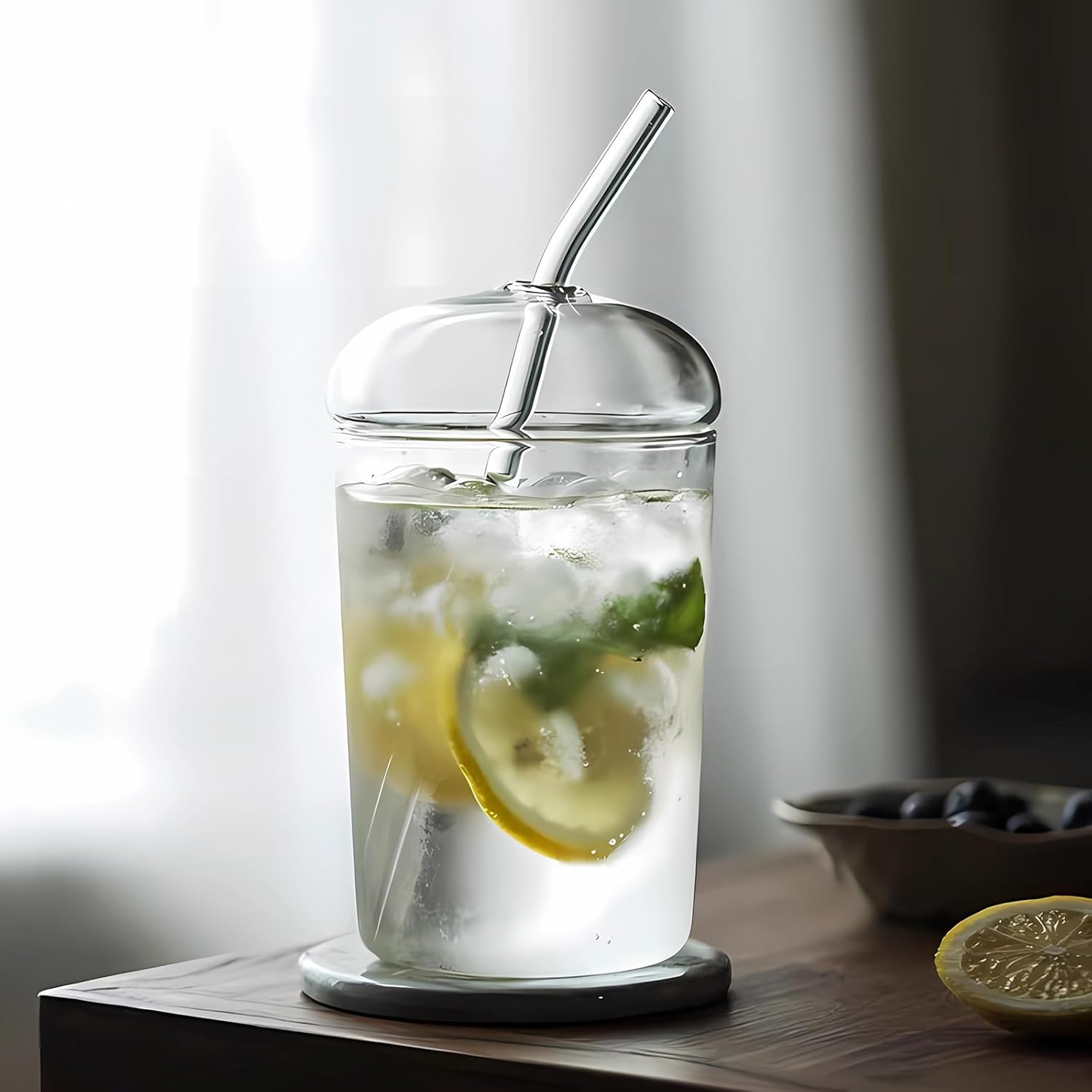 16oz Glass Cup with Glass Lid & Straw - Drinking Glasses for Iced Coffee, Bubble Tea, Matcha, Smoothie, Soda, Water - BPA-Free Glassware with Cleaning Brush, Dishwasher Safe