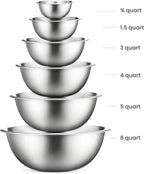 Stainless Steel Mixing Bowl Set, Nesting Bowls for Kitchen Baking, Cooking, Prepping, Kitchen Food Storage Organizers, No Lids (6 Pack)