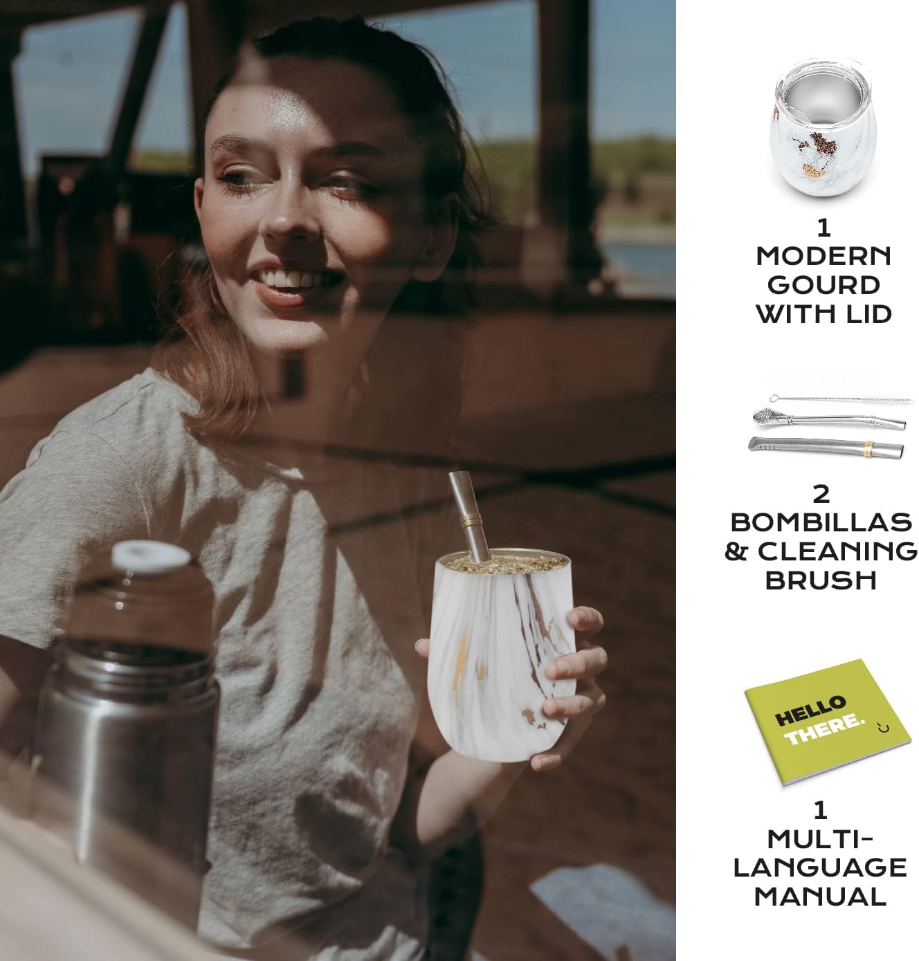 BALIBETOV 5 pcs large Yerba Mate Cup and Bombilla Kit, Includes one 12 oz Yerba Mate Gourd with Lid, Two Bombillas Mate Straw and one cleaning brush | Stainless steel | Double Walled