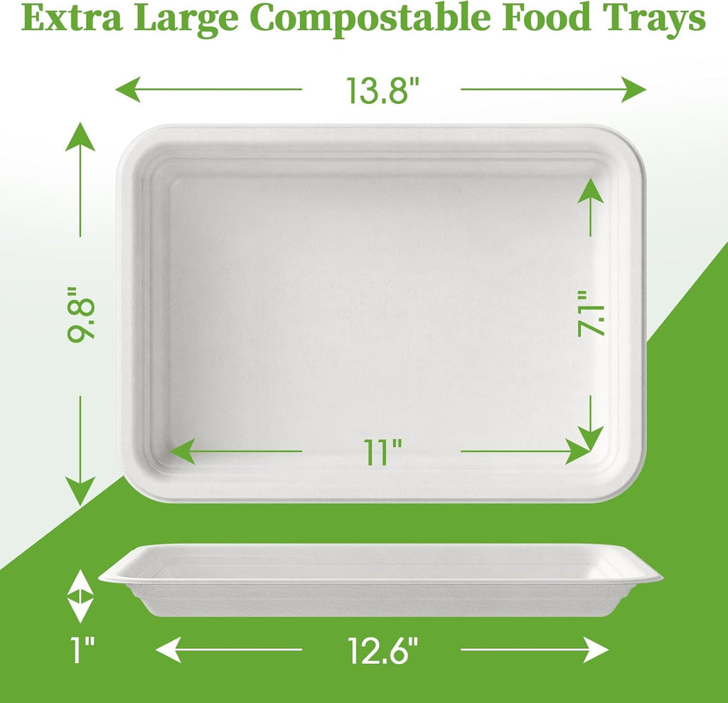 ECOLipak 50 Pack 14 Inch Disposable Food Crawfish Trays, Compostable Large Paper Plates, Disposable Thanksgiving Trays for Serving Food, Turkey, BBQ, Seafood Boil Party Supplies(White)
