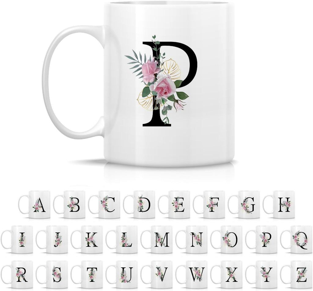 Retreez Initial A-Z Floral Botanical Bouquet Alphabet Monogrammed Monogram Mug 11 Oz Ceramic Tea Coffee Mugs - Appreciation Thank You Wedding Birthday Gifts for her friend coworker sister - P Initial