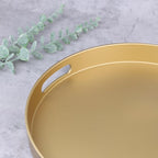 Round Gold Decorative Serving Tray with Handles, 13” Versatile Ottoman Tray for Coffee Table, Entertaining, Outdoor Patio, Living Room