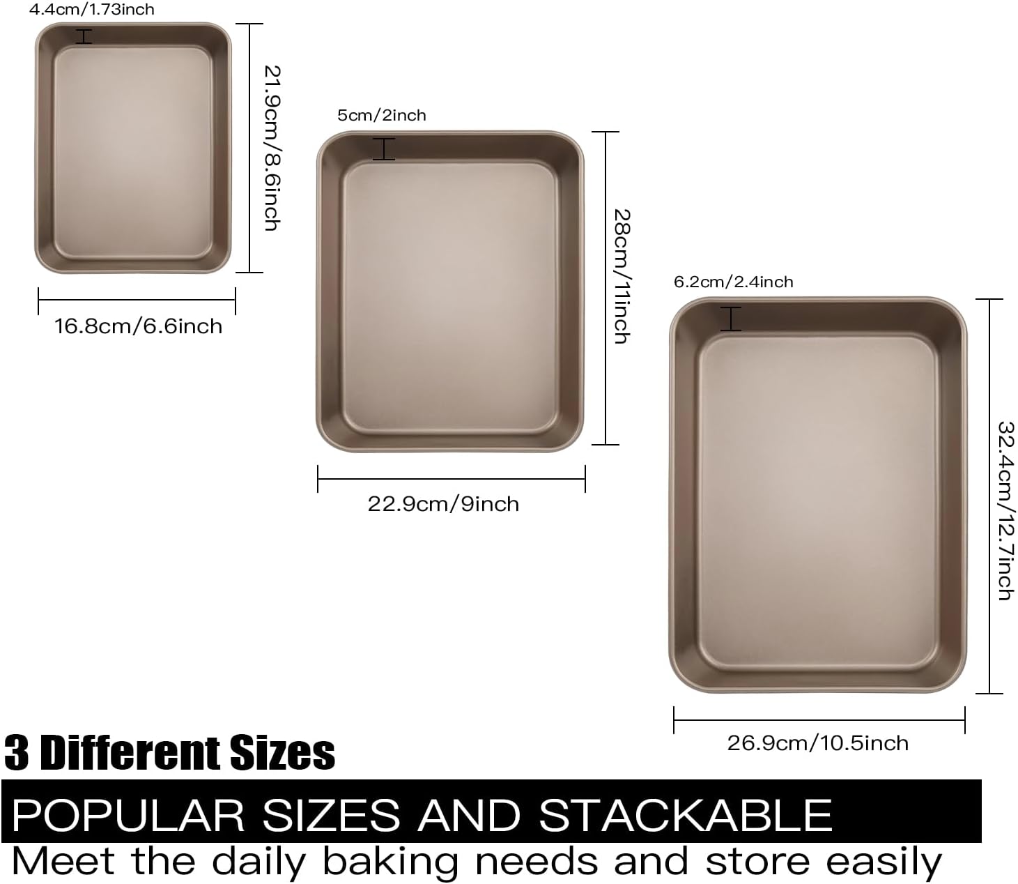 3 Pack Baking Sheet Pans, Deep Size Baking Pan Nonstick Cookie Sheet Brownie Cake Pan Bread Pan Toaster Oven Tray Bakeware (8.6 x 6.6 x 1.7'',11 x 9 x 2",12.7 x 10.6 x 2.4'')