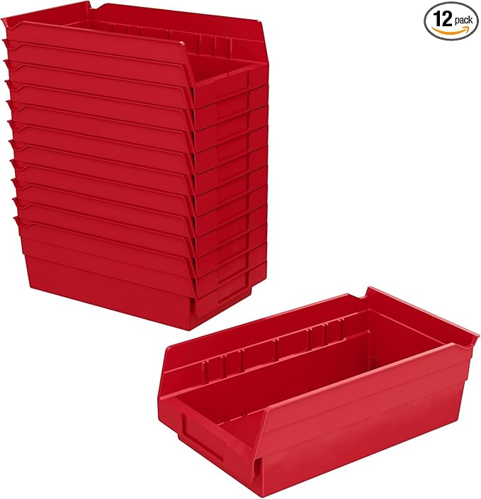 Akro-Mils 30130 Plastic Shelf Bins, Heavy Duty Storage Bins for Garage, Closet, and Drawer Organization, 12-Inch x 6-1/2-Inch x 4-Inch, Red, 12-Pack