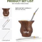 Yerba Mate Cup Set, Include Stainless Steel Double-Wall Mate Gourd with 2 Bombilla Straws and Cleaning Brush, 7.8oz Capacity (Wood Grain)