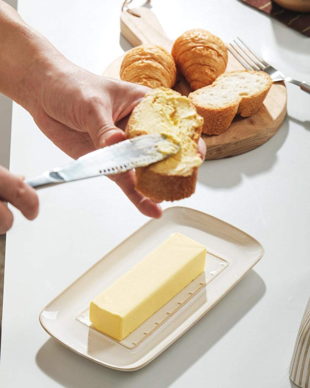 Getstar Ceramic Butter Dish with Lid and Stainless Steel Knife for Countertop, with Magnet to Attract Knife, Fit both West East Coast Butter