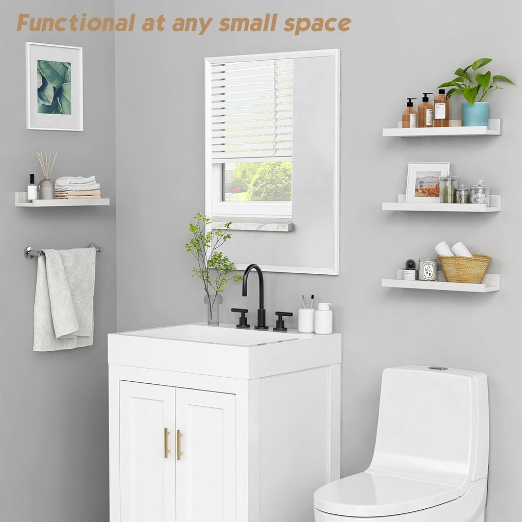 Forbena White Picture Ledge Shelf, Floating Shelves with Lip for Bedroom Books, Corner Nursery Book Shelves Wall Mounted for Small Spaces Office Baby Child Kids Room Art Decor (4-Pack, Real Wood)