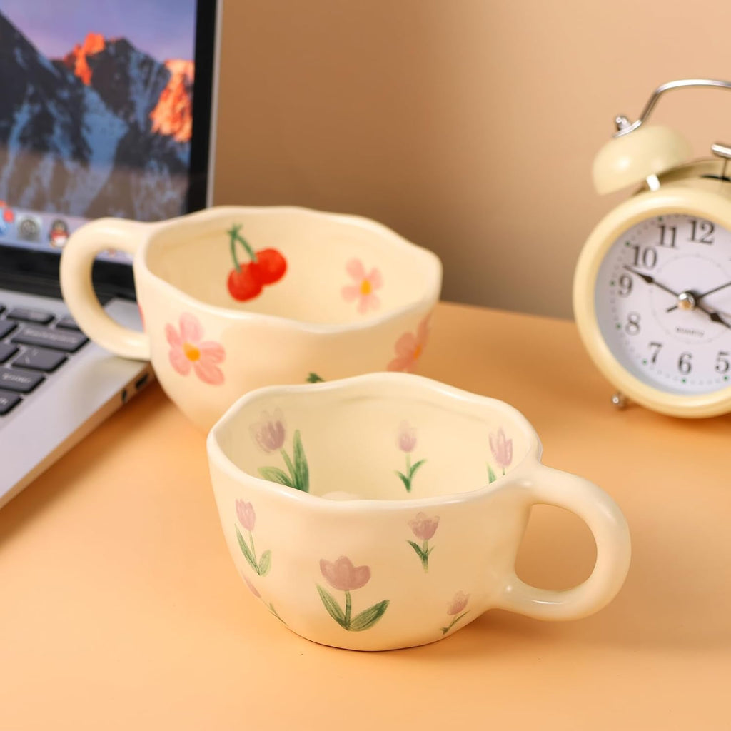 Ceramic Coffee Mug Vintage Flower Mugs 8 oz Cute Floral Coffee Mugs Irregular Latte Art Cup Lead-free Porcelain Cups for Cappuccino, Cocoa (Pink Cherry, Purple Tulips)