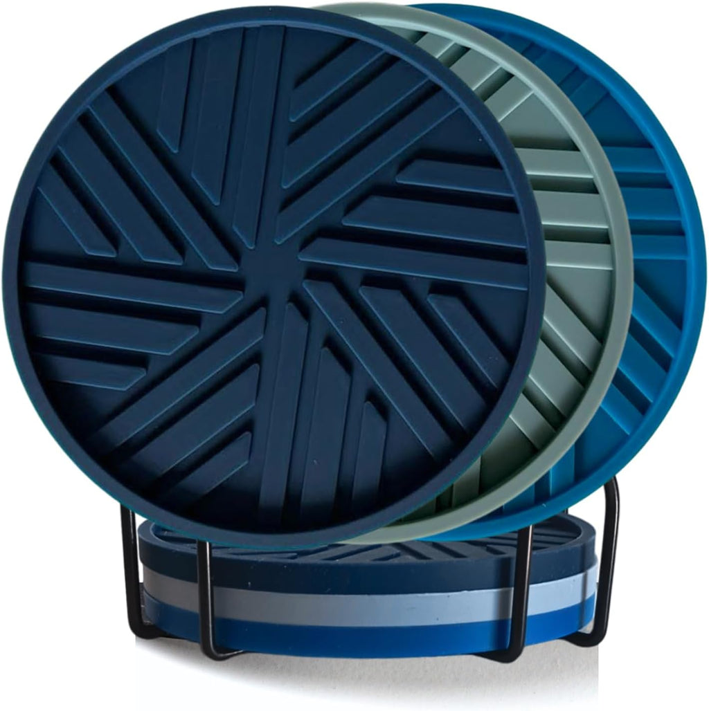 Coasters Set of 6 - Silicone Drink Coasters for Home Decor and Coffee Table Modern Elegant Blue Pattern - Round 4" Housewarming Gifts
