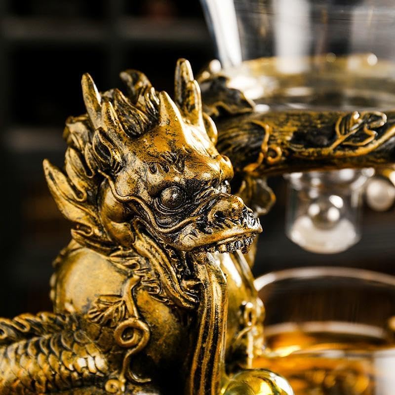 Glass Teapot Set with Infuser Semi Automatic Dragon Tea Set with 6 Small Cups (golden dragon)