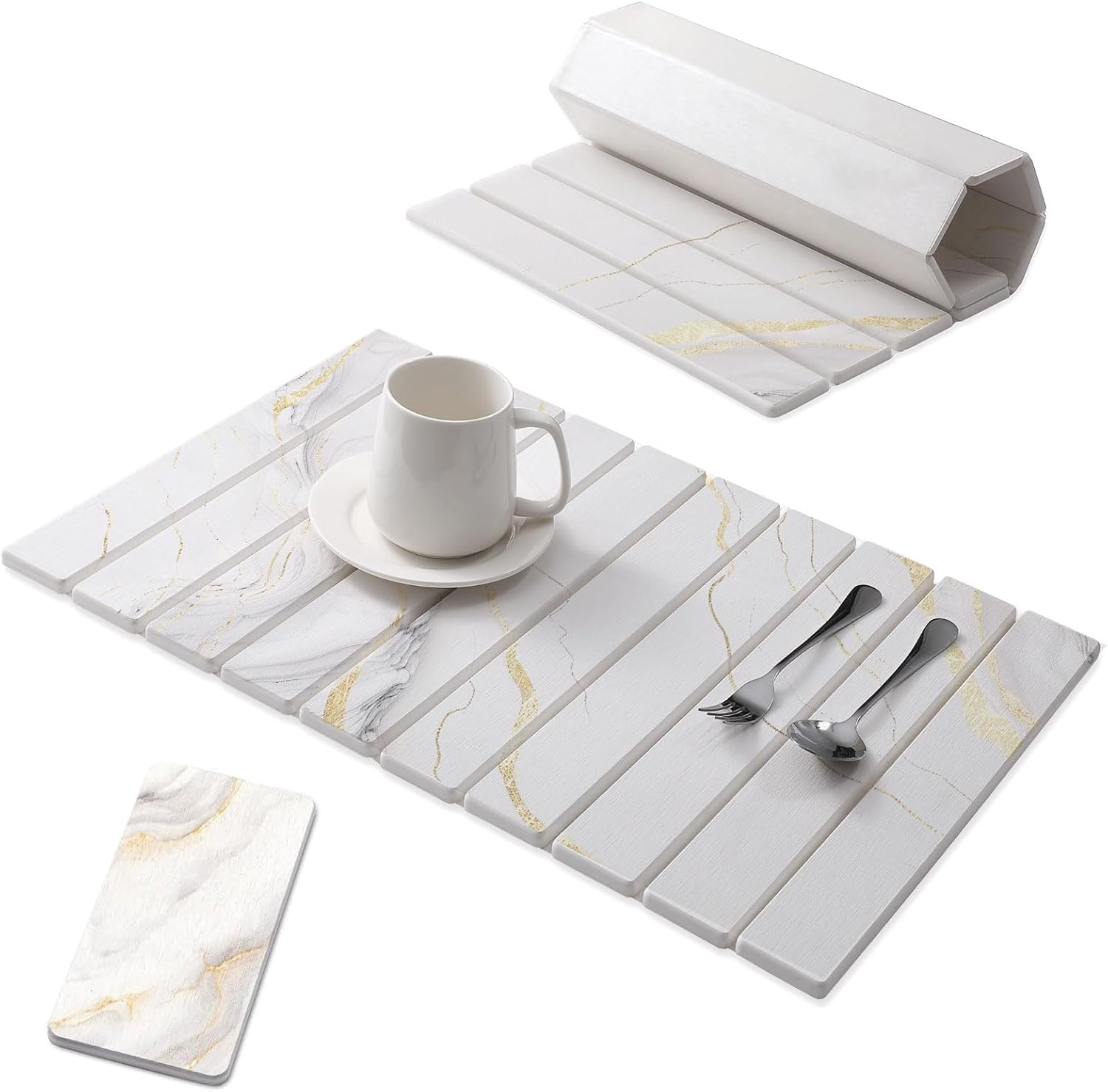 2 PCS Large Stone Dish Drying Mat for Kitchen Counter, , Marbled Water Absorbing Diatomaceous Earth Drying Pad for Countertop Bottles Utensils Cups 24"x16"& 8"x4"