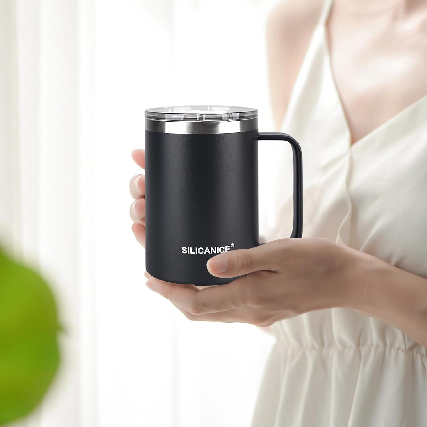 14 oz Stainless Steel Vacuum Insulated Tumbler with handle & MacSlider Lid, Dishwasher Safe & Spill Proof Coffee Cup, Travel Mug for Hot/Cold Drinks, Durable Design - Black