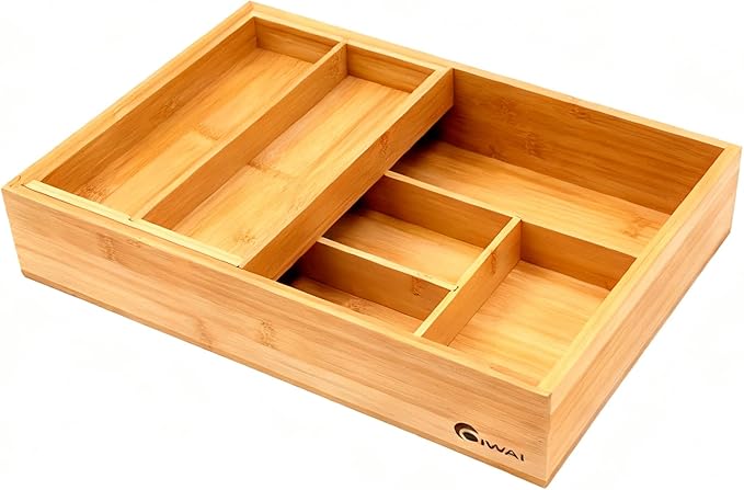 2-Tier Drawer Organizer with Removable Cutlery Tray Kitchen Utensil Silverware Drawer Organizer, Silverware Tray for Drawer Utensil Holder Bamboo Flatware Box for Utensils Stationery Cosmetics (M)