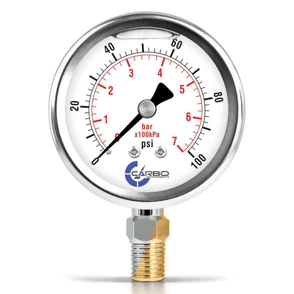 Stainless Steel Pressure Gauge Dual Display (0-100 psi/kPa) - 2 1-2" Glycerine Liquid Filled Water Air Oil Gas Gauge with Polycarbonate Lens & Brass Connection - 1/4" NPT Lower Mount